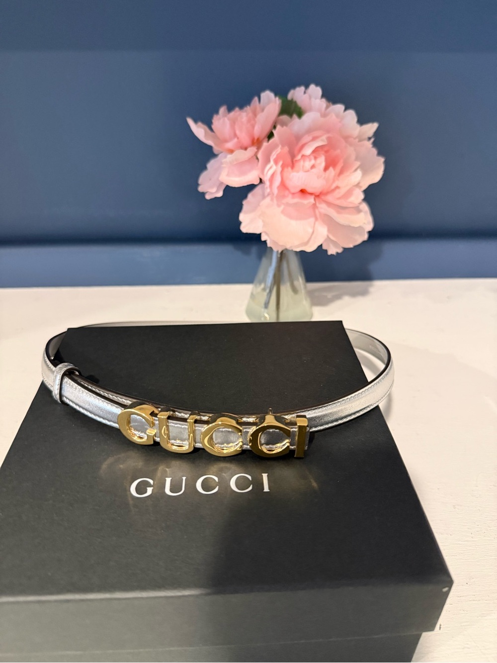 Gucci Silver Leather Belt with Gold Logo Buckle
